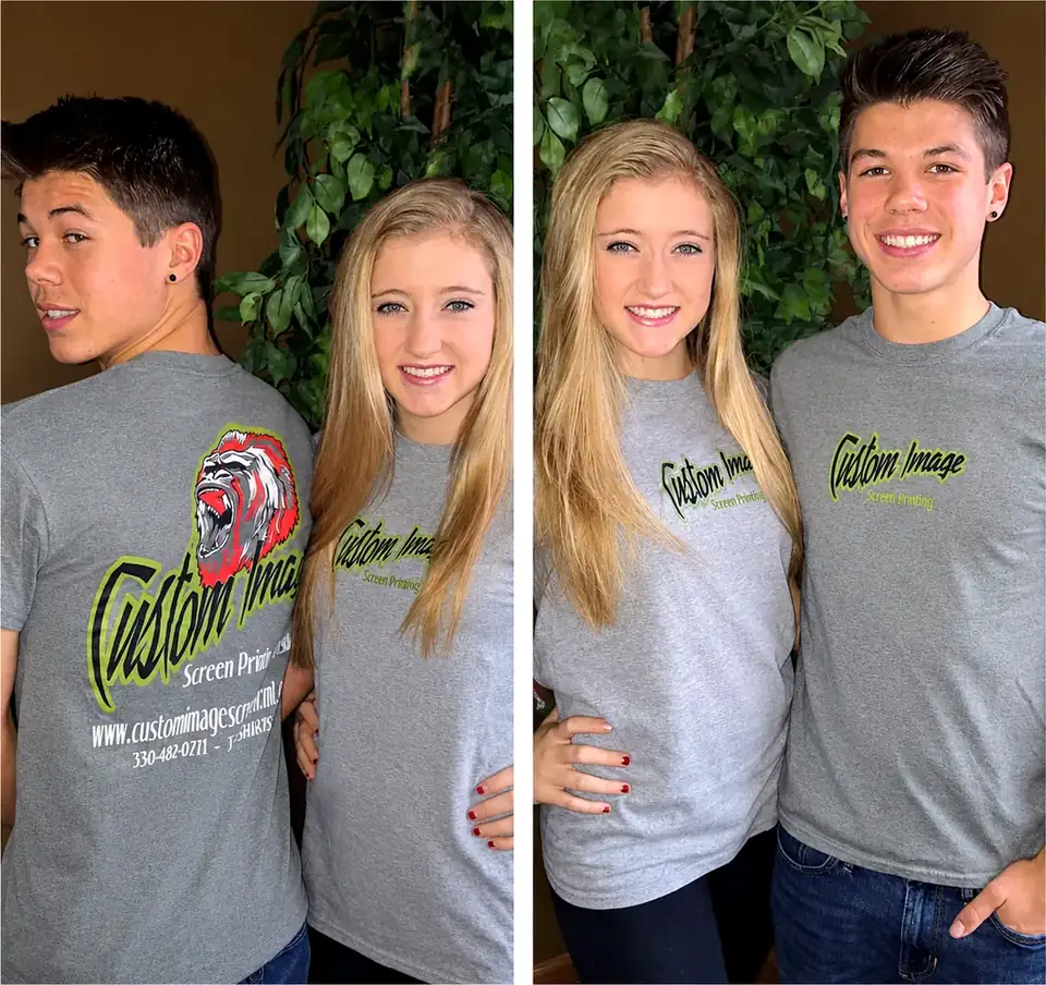 Two people wearing grey Custom Image Screen Printing shirts, shown front and back